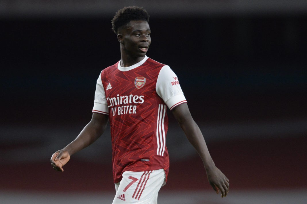 Bukayo Saka of Arsenal in action during Premier League match between Arsenal and Everton at the Emirates Stadium in London - 23 Apr 2021. Copyright: Holly Allison / TPI / Shutterstock
