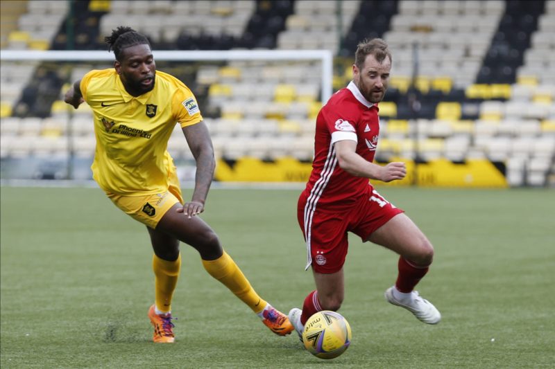 Jay Emmanuel-Thomas 9 of Livingston battles for possession, tussles, tackles, challenges, during the Scottish Premiership match between Livingston and Aberdeen at Tony Macaroni Arena, Livingstone, Scotland on 1 May 2021. Livingstone Tony Macaroni Arena West Lothian Scotland Editorial use only , Copyright: Stephen Dobson