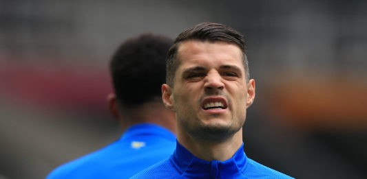 Newcastle United v Arsenal - Premier League - St James Park Arsenal s Granit Xhaka warming up before the Premier League match at St James Park, Newcastle upon Tyne. Issue date: Sunday May 2, 2021.Copyright: Lindsey Parnaby