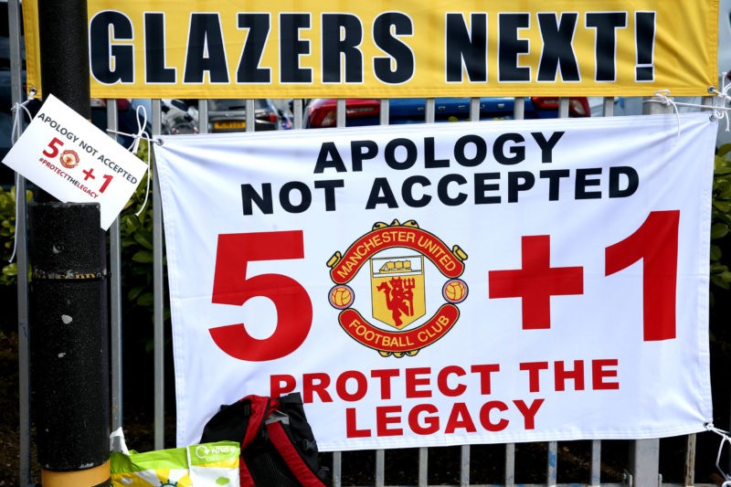 Manchester United, ManU fan protest - Old Trafford Banners near the stadium as fans protest against the Glazer family, owners of Manchester United, before their Premier League match against Liverpool at Old Trafford, Manchester. Issue date: Sunday May 2, 2021. Copyright: Barrington Coombs
