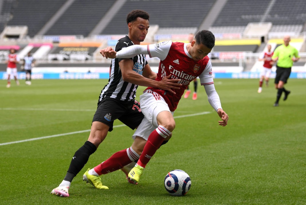 Newcastle United v Arsenal - Premier League - St James Park Newcastle United s Jacob Murphy left and Arsenal s Gabriel Martinelli battle for the ball during the Premier League match at St James Park, Newcastle upon Tyne. Issue date: Sunday May 2, 2021.Copyright: Stu Forster
