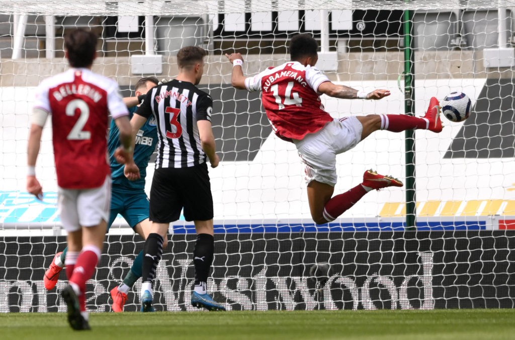 Newcastle United v Arsenal - Premier League - St James Park Arsenal s Pierre-Emerick Aubameyang right scores their side s second goal of the game during the Premier League match at St James Park, Newcastle upon Tyne. Issue date: Sunday May 2, 2021. Copyright: Stu Forster