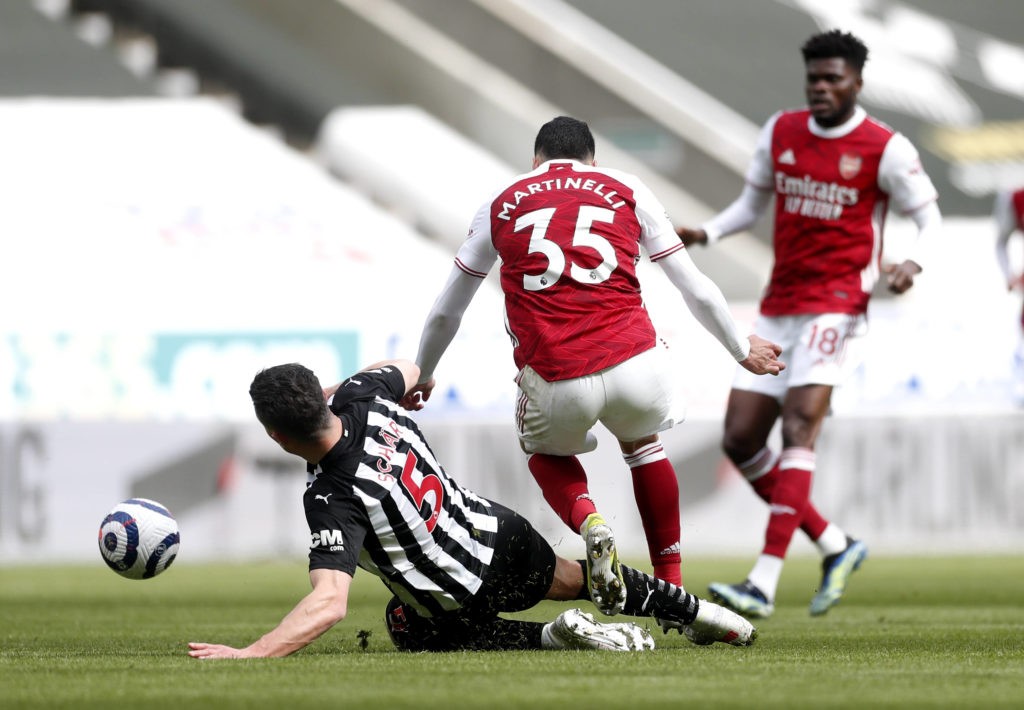 Newcastle United v Arsenal - Premier League - St James Park Newcastle United s Fabian Schar left fouls Arsenal s Gabriel Martinelli during the Premier League match at St James Park, Newcastle upon Tyne. Issue date: Sunday May 2, 2021. Copyright: Lee Smith