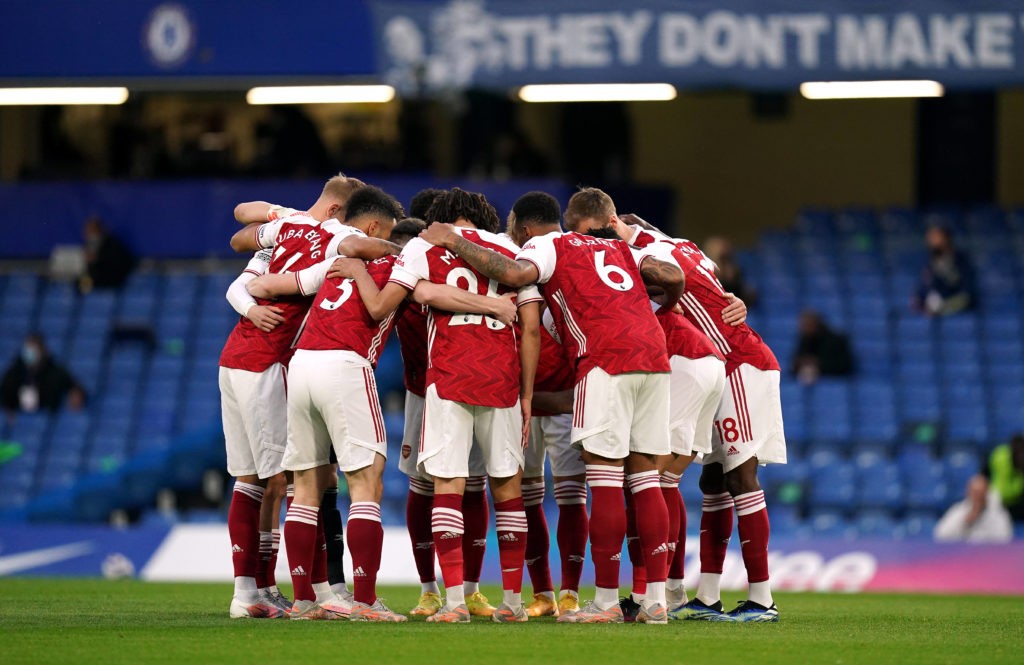 Chelsea v Arsenal - Premier League - Stamford Bridge Arsenal players have a team huddle before the Premier League match at Stamford Bridge, London. Picture date: Wednesday May 12, 2021. Copyright: Adam Davy