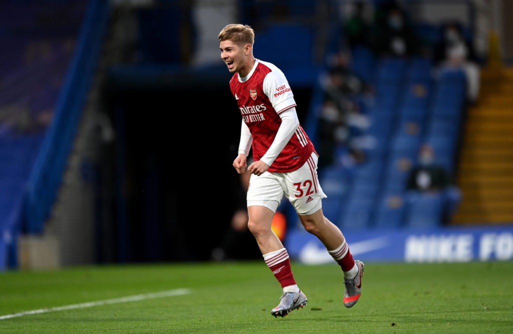 Chelsea v Arsenal - Arsenal's Emile Smith Rowe celebrates scoring the first goal of the game during the Premier League match at Stamford Bridge, London. Picture date: Wednesday, May 12, 2021. Copyright: Shaun Botterill