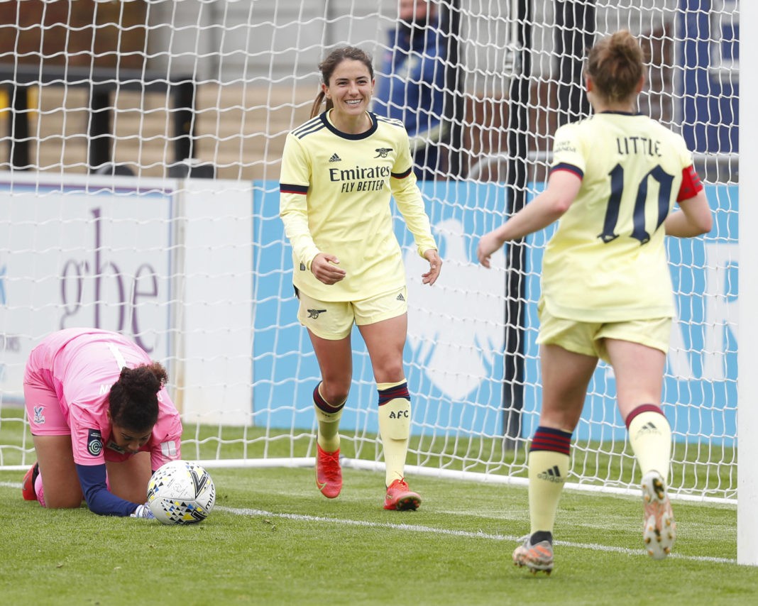 Danielle van de Donk of Arsenal celebrates scoring with Kim Little during the Vitality Women s FA Cup Fifth Round Proper between Arsenal and Crystal Palace at Meadow Park Stadium , Borehamwood, UK on 16th May 2021. Borehamwood England United Kingdom Copyright: Action Foto Sport