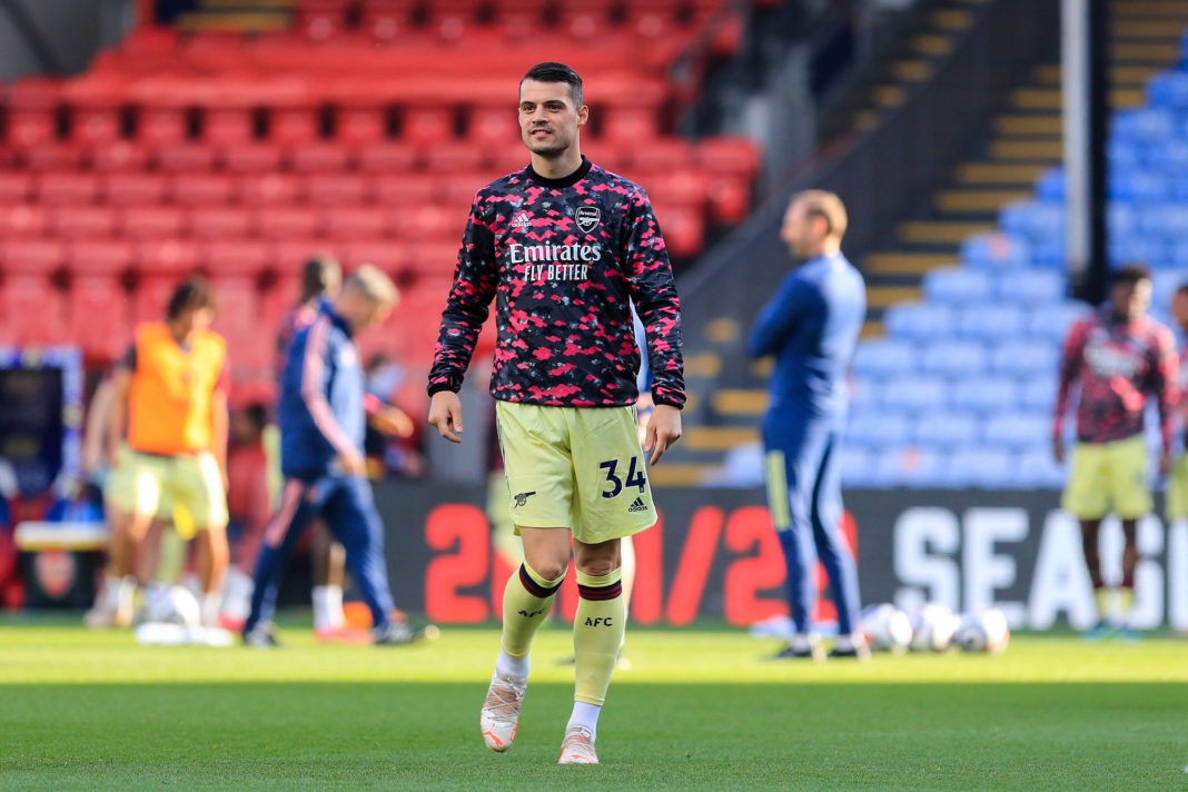 Arsenal midfielder Granit Xhaka warms up during the Premier League match between Crystal Palace and Arsenal at Selhurst Park, London, England on 19 May 2021. Copyright: Phil Duncan