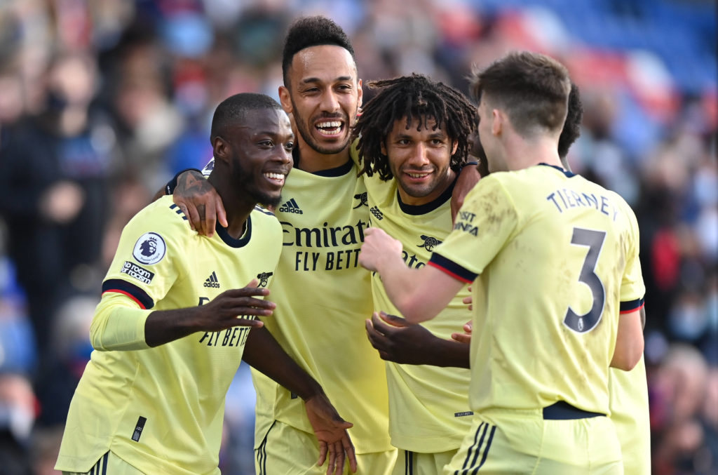 Nicolas Pepe left celebrates with team-mates after scoring their side s first goal of the game during the Premier League match at Selhurst Park, London. Picture date: Wednesday May 19, 2021. Copyright: Justin Setterfield