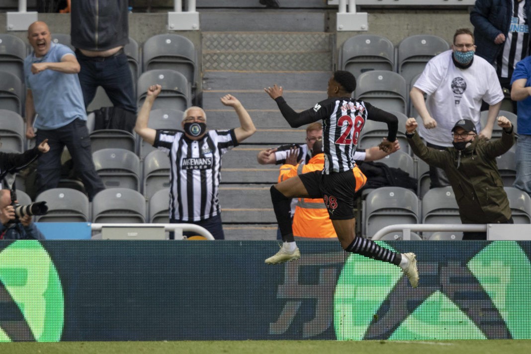 19th May 2021 - St James Park, Newcastle - Premier League Football, Newcastle United versus Sheffield United - Joe Willock of Newcastle United celebrates after scoring Newcastle United's first goal in the 45th min. Photo: George Ledger