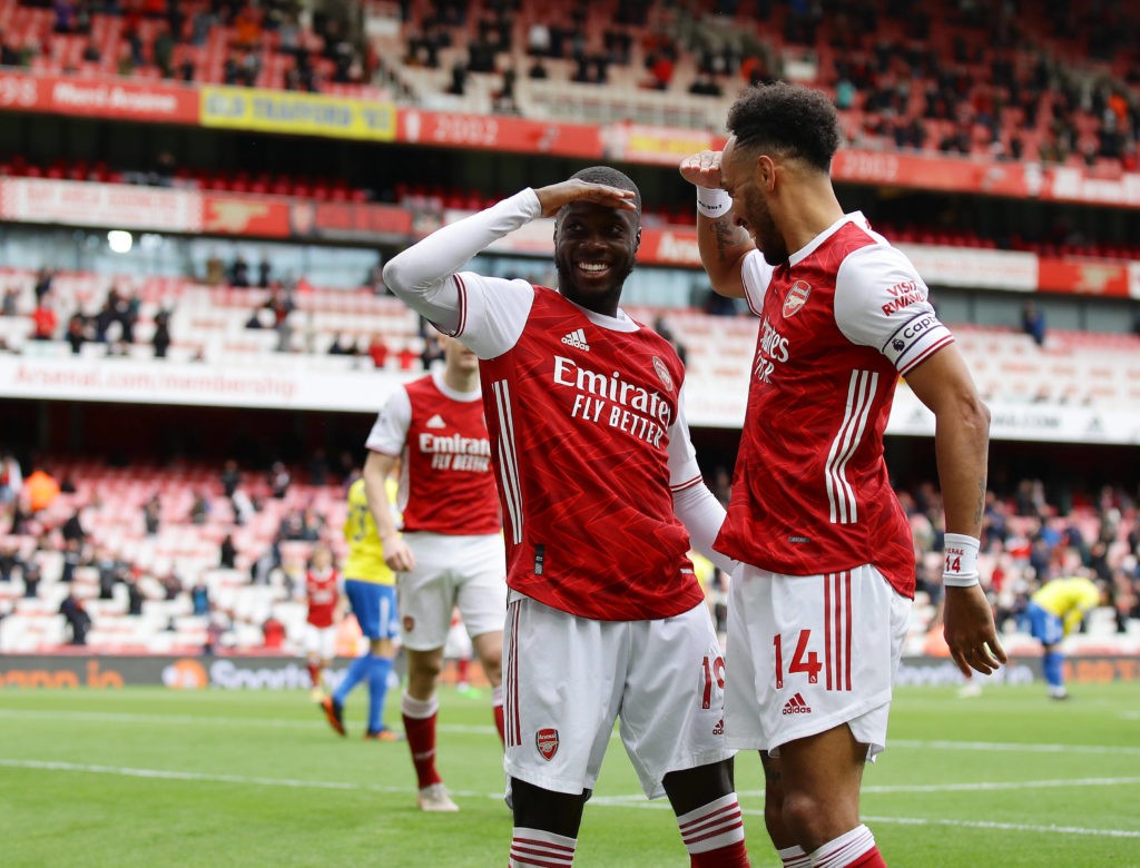 Nicolas Pepe of Arsenal celebrates scoring his sides opening goal during the Premier League match at the Emirates Stadium, London. Picture credit: David Klein / Sportimage