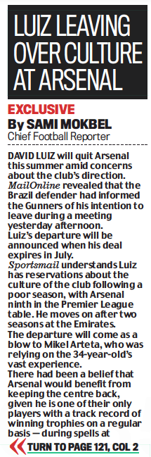 Daily Mail David Luiz 15 May 2021