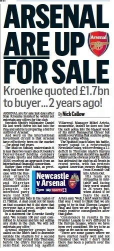 Mail on Sunday Arsenal up for Sale 2 May 2021