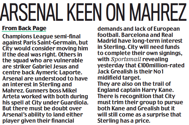 Arsenal said to be interested in Raheem Sterling and Riyad Mahrez - Daily Mail, 29 May 2021