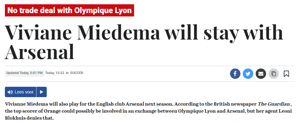Viviane Miedema will stay with Arsenal - De Telegraaf