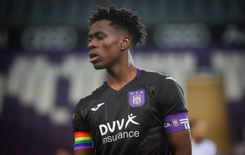 Albert Sambi Lokonga pictured during a soccer game between RSC Anderlecht and KRC Racing Genk, Sunday 14 March 2021 in Brussels, in the semifinals of the Croky Cup Belgian cup. VIRGINIE LEFOUR