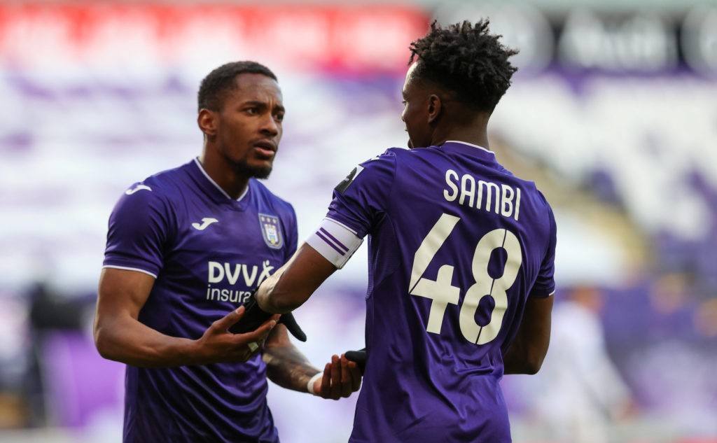 Albert Sambi Lokonga celebrates after scoring during a soccer match between RSC Anderlecht and Club Brugge KV, Sunday 11 April 2021 in Brussels, on day 33 of the Jupiler Pro League first division of the Belgian championship. VIRGINIE LEFOUR