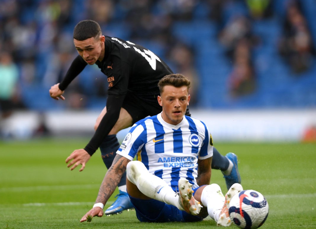 Ben White - AMEX Stadium Manchester City's Phil Foden left and Brighton and Hove Albion's Ben White battle for the ball during the Premier League match at the AMEX Stadium, Brighton. Copyright: Mike Hewitt