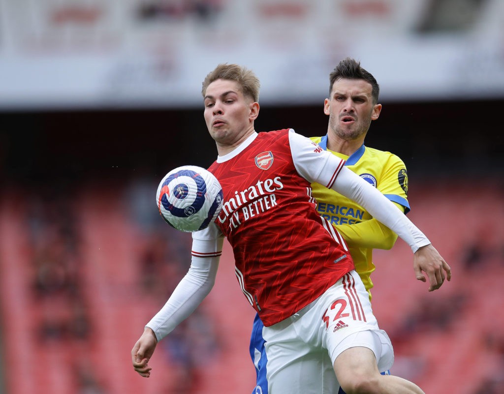 Emile Smith Rowe of Arsenal with Pascal Gross of Brighton during the Premier League match at the Emirates Stadium, London. Picture credit: David Klein / Sportimage