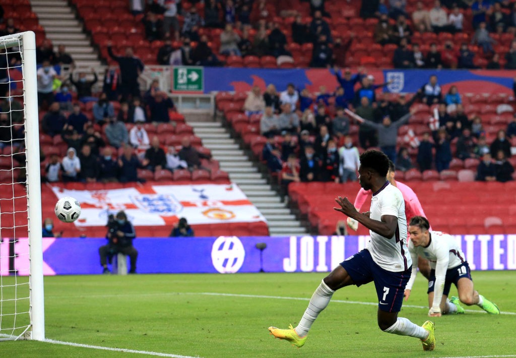 England v Austria - International Friendly - Riverside Stadium England's Bukayo Saka scores their side's first goal of the game during the International Friendly at The Riverside Stadium, Middlesbrough. Picture date: Wednesday June 2, 2021. Copyright: Lindsey Parnaby