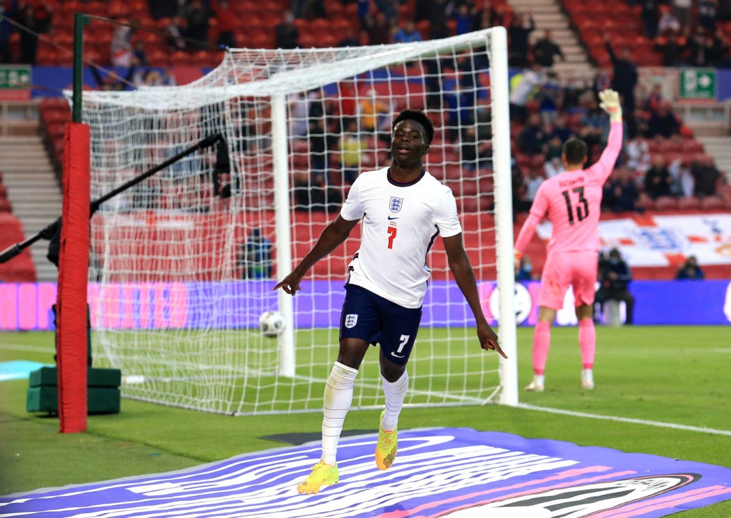 Bukayo Saka celebrates scoring their side s first goal of the game during the International Friendly at The Riverside Stadium, Middlesbrough. Picture date: Wednesday June 2, 2021. Copyright: Lindsey Parnaby