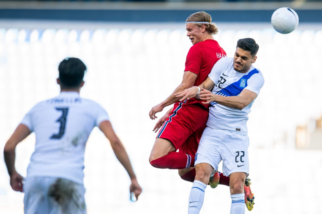 Erling Braut Haaland of Norway and Konstantinos Mavropanos of Greece during the International Friendly football match between Norway and Greece on June 6, 2021. Photo: Vegard Wivestad Grott