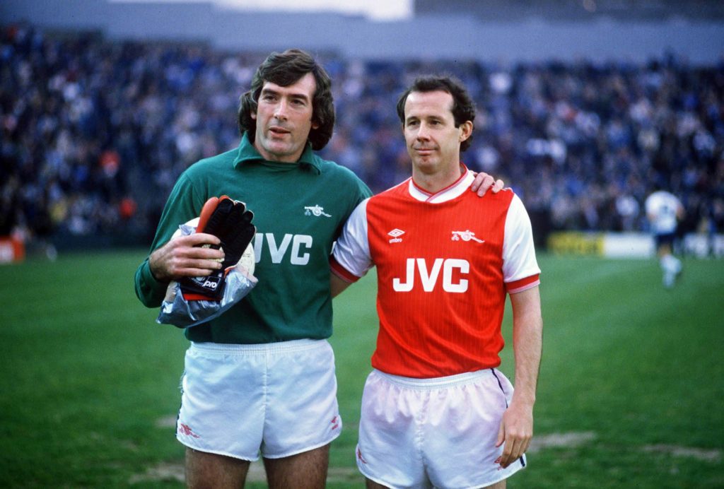 Pat Jennings (Arsenal goalkeeper, L) with Liam Brady. Arsenal v Tottenham Hotspur.Pat Jennings Testimonial match Highbury. Copyright imago Color Sports