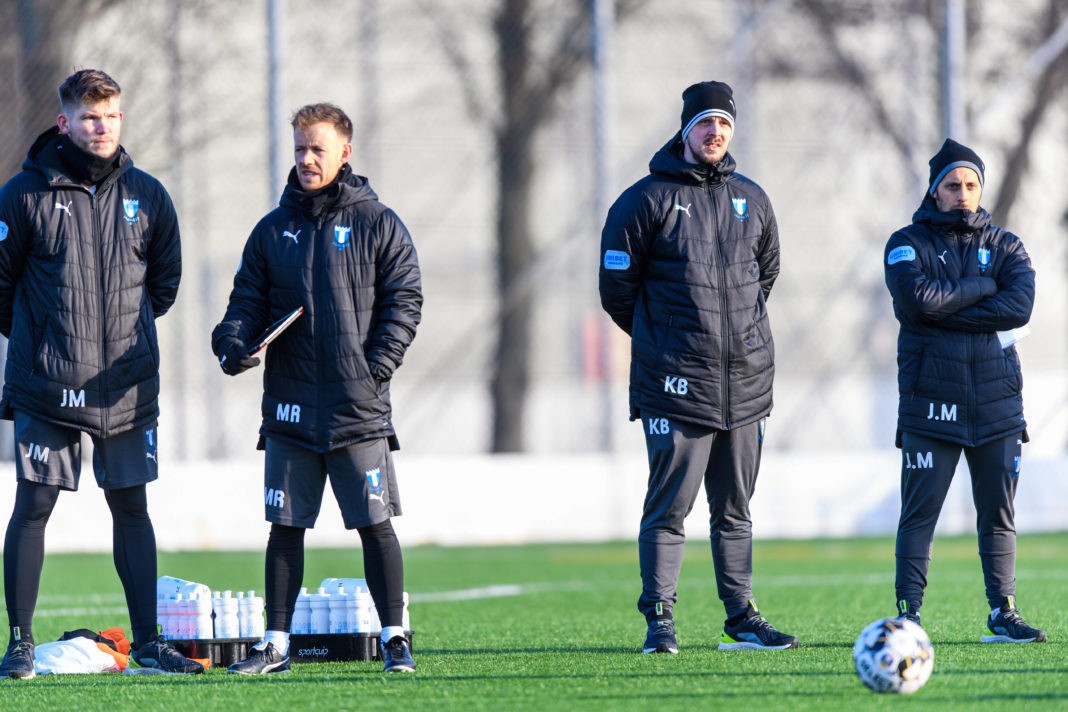 Fitness coach Jamie Mackay and fitness coach Mark Read, video analyst Kevin Balvers, analyst Jos Martinez during a training session with Malmö FF on 15 January 2021 in MalmöCopyright: LUDVIG THUNMAN