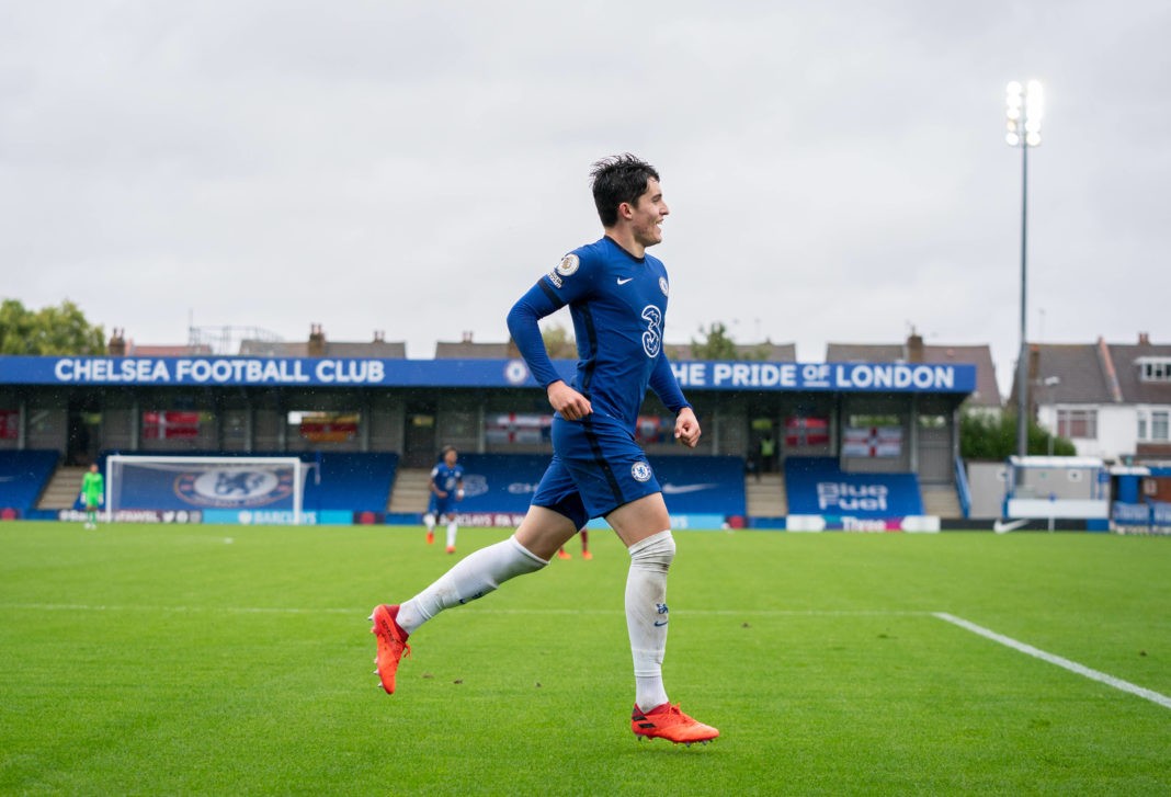 Tino Livramento of Chelsea celebrates scoring his team's 3rd goal during the Premier League 2 match played behind closed doors between Chelsea U23 and Arsenal U23 at the Kingsmeadow Stadium, Kingston, England on 4 October 2020. Copyright: Andy Rowland
