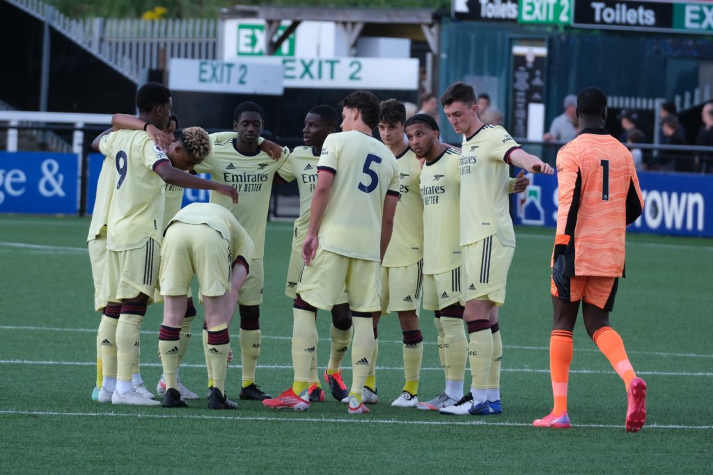 Arsenal u23 team huddle ahead of their match against Bromley FC (Photo by Dan Critchlow)