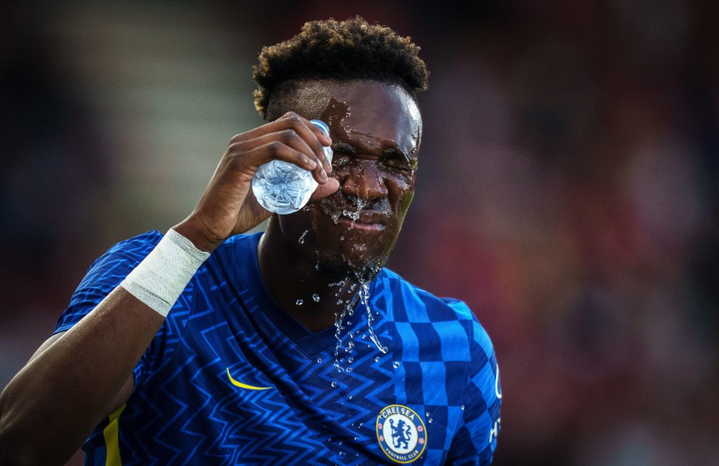 Tammy Abraham of Chelsea covers his face in water during the 2021/22 Pre Season Friendly match between AFC Bournemouth and Chelsea at the Goldsands Stadium, Bournemouth, England on 27 July 2021. Copyright: Andy Rowland
