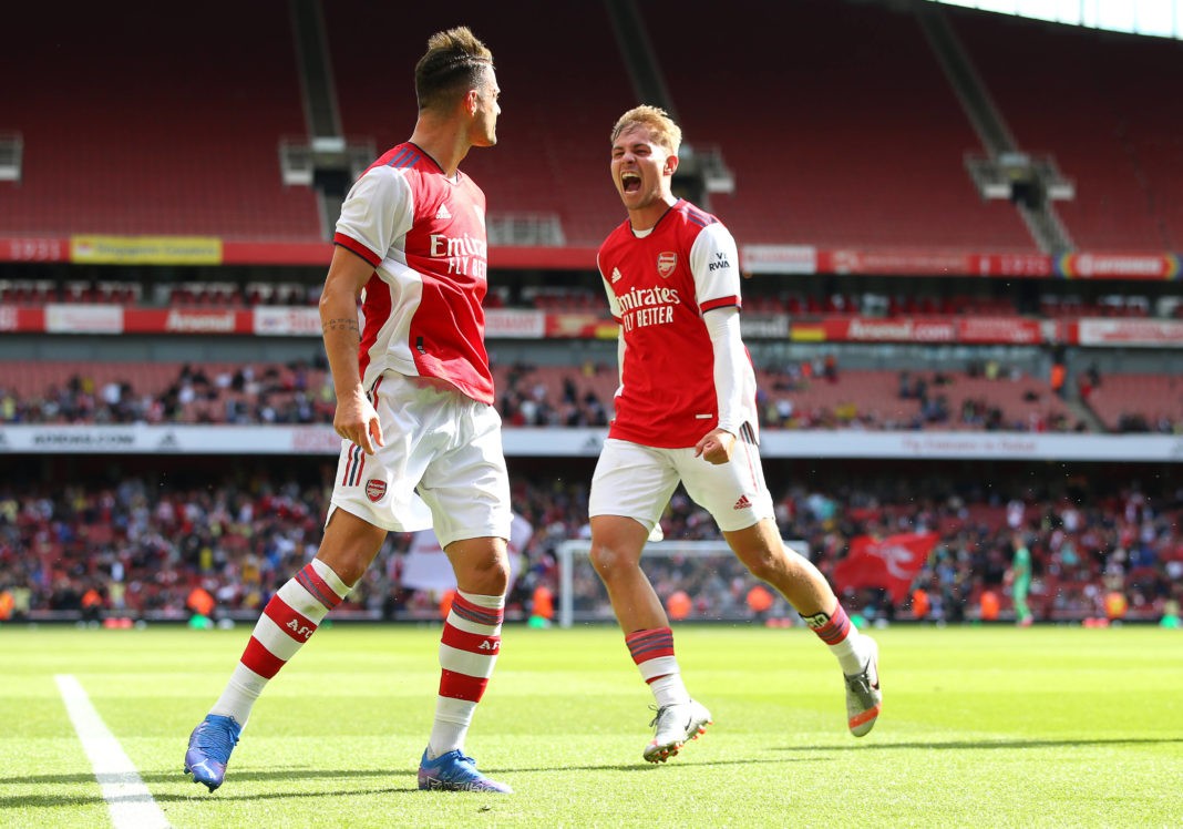 Granit Xhaka celebrates with Emile Smith Rowe after he scores to make it 1-1 during the Pre Season Friendly match at the Emirates Stadium, London. Picture credit should read: Paul Terry / Sportimage
