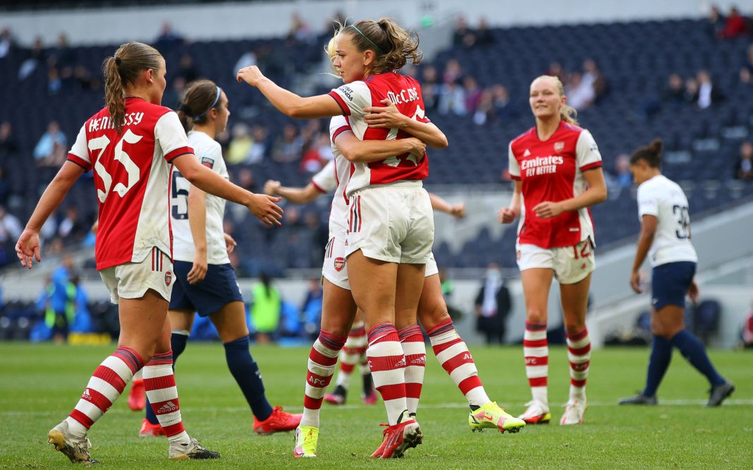 London, England, 8th August 2021. Katie McCabe of Arsenal celebrates after she scores a penalty to make it 2-0 during the Pre Season Friendly match at the Tottenham Hotspur Stadium, London. Picture credit: Paul Terry / Sportimage