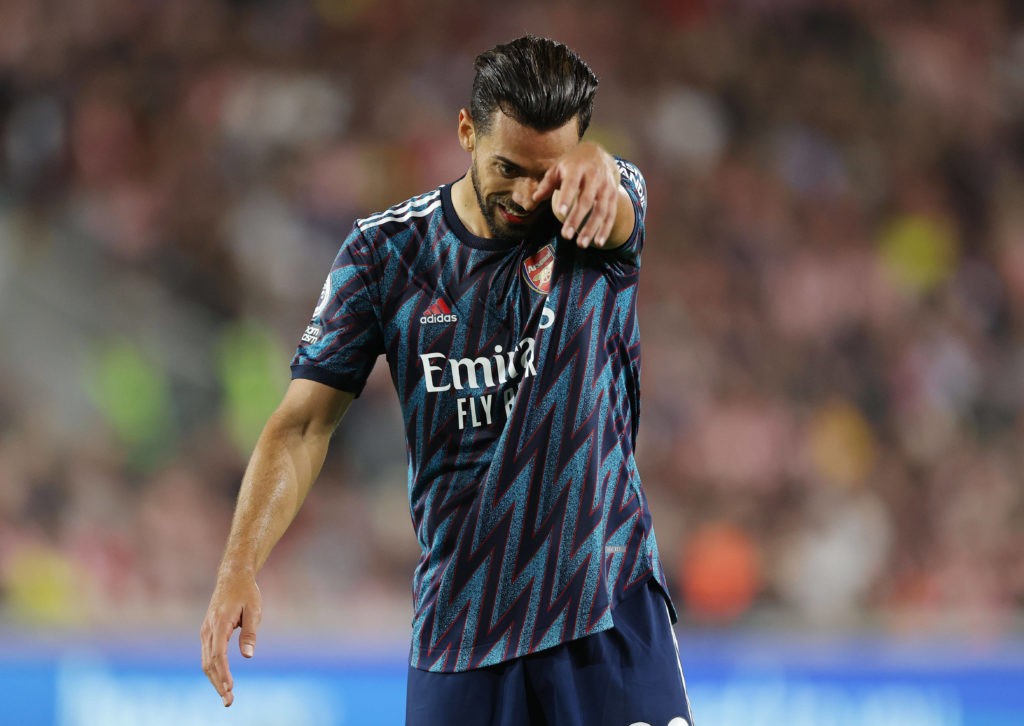 Brentford v Arsenal 13 August 2021, London - Premier League Football - Brentford v Arsenal - Pablo Mari of Arsenal pulls a face as he wipes sweat from his forehead - Photo: Charlotte Wilson / Offside. London UK