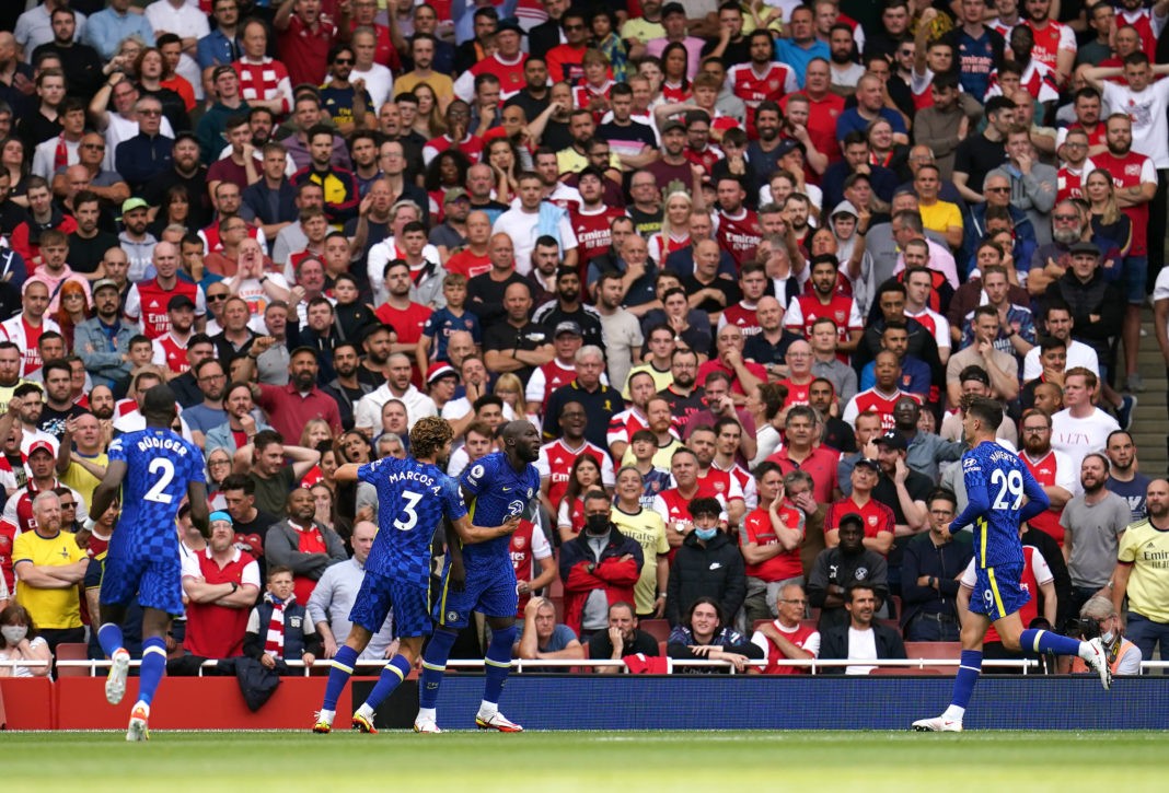 Arsenal v Chelsea - Premier League - Emirates Stadium Chelsea s Romelu Lukaku centre celebrates scoring their side s first goal of the game during the Premier League match at the Emirates Stadium, London. Picture date: Sunday August 22, 2021. Copyright: Nick Potts