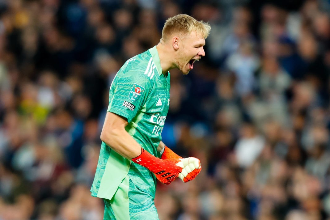 25th August 2021 The Hawthorns, West Bromwich, West Midlands, England EFL Cup Football, West Bromwich Albion versus Arsenal Aaron Ramsdale of Arsenal celebrates his team& x2019s first goal after 17 minutes 0-1 from Aubameyang Copyright: Graham Wilson