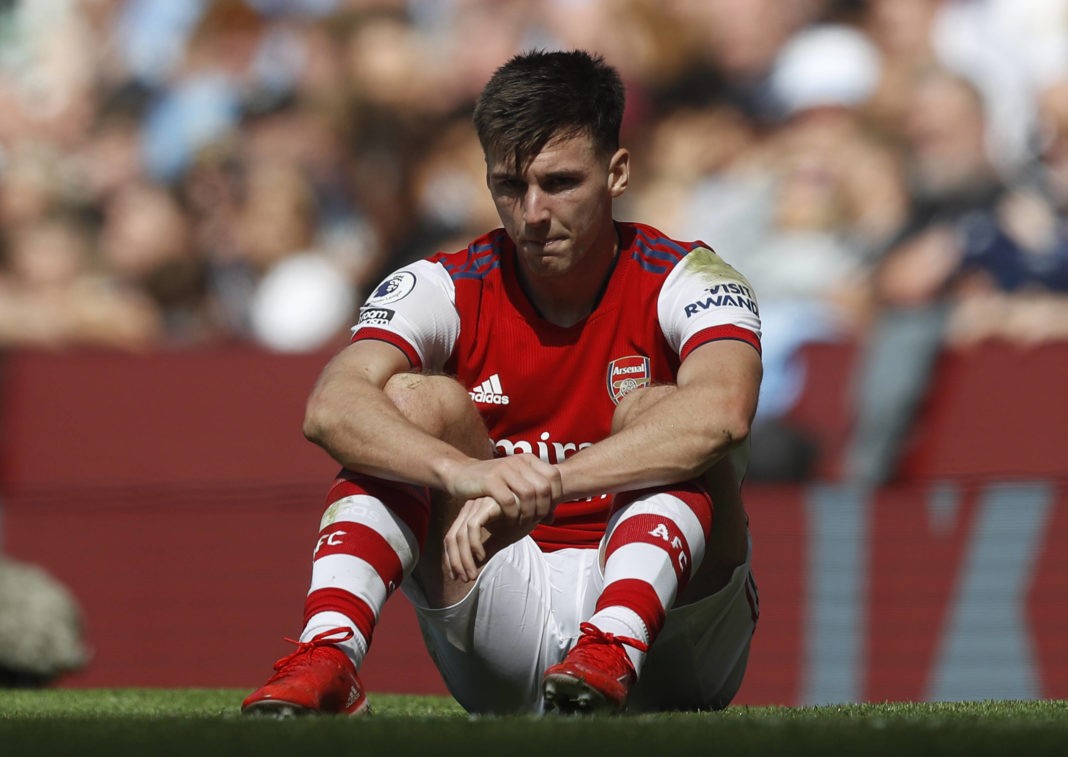 Manchester, England, 28th August 2021. Kieran Tierney of Arsenal reacts during the Premier League match at the Etihad Stadium, Manchester. Picture credit: Darren Staples / Sportimage