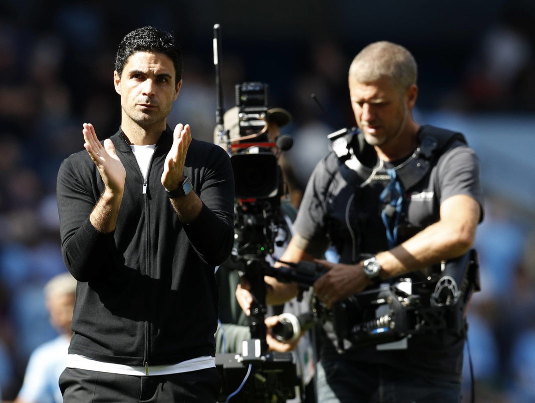 Manchester, England, 28th August 2021. Mikel Arteta manager of Arsenal applauds the fans after the Premier League match at the Etihad Stadium, Manchester. Picture credit: Darren Staples / Sportimage