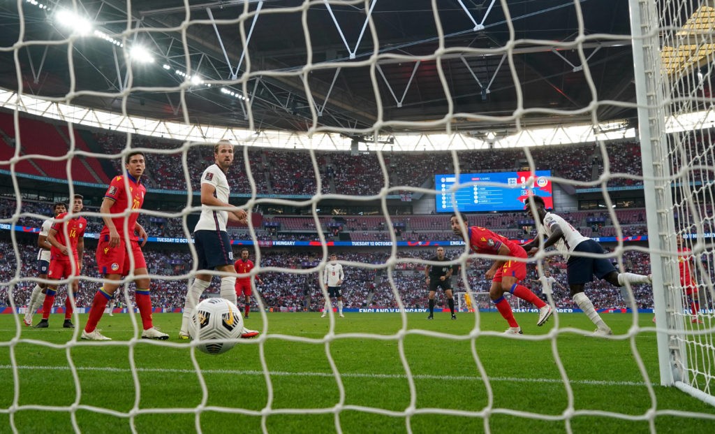 England's Bukayo Saka (right) scores his side's fourth goal of the game during the 2022 FIFA World Cup Qualifying match at Wembley Stadium, London. Picture date: Sunday, September 5, 2021. Copyright: Nick Potts