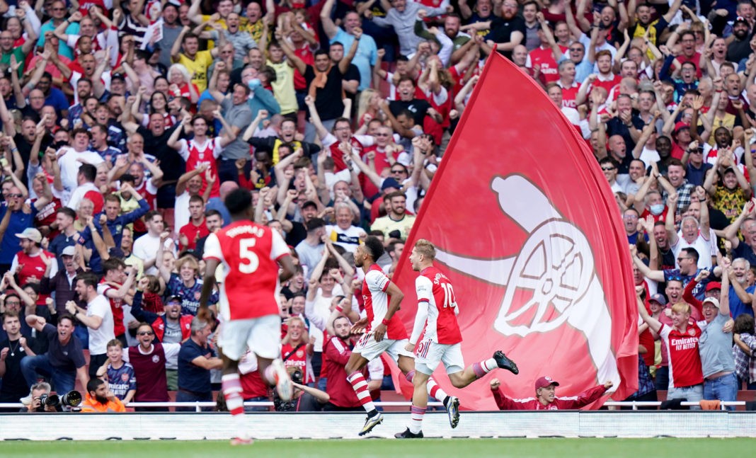 Arsenal v Norwich City - Premier League - Emirates Stadium Arsenal s Pierre-Emerick Aubameyang celebrates scoring their side s first goal of the game during the Premier League match at The Emirates Stadium, London. Picture date: Saturday September 11, 2021. Copyright: Tess Derry