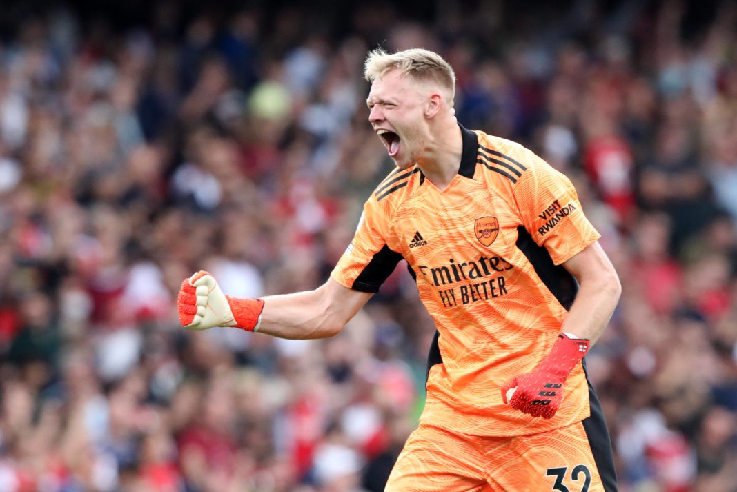 Aaron Ramsdale A celebrates the win at the EPL match Arsenal v Norwich City, at the Emirates Stadium, London, UK on 11th September, 2021.