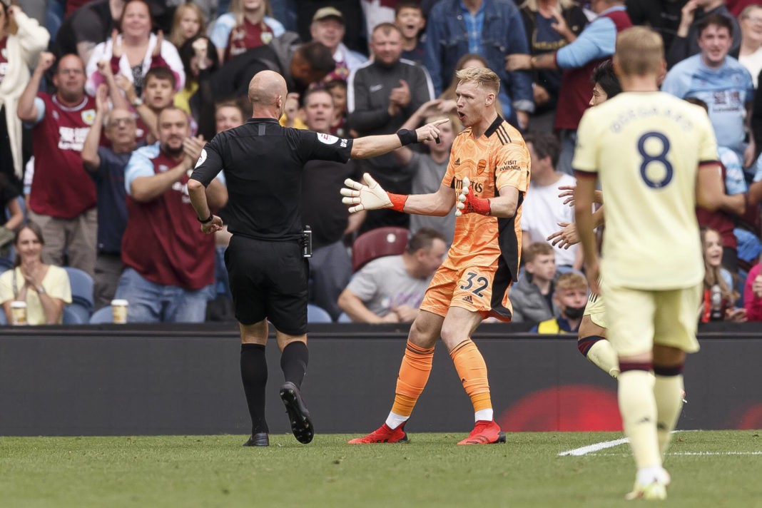 Burnley v Arsenal. Referee Anthony Taylor awards a penalty against Aaron Ramsdale of Arsenal which is later overturned photo by Daniel Chesterton Burnley UK Copyright: Daniel Chesterton