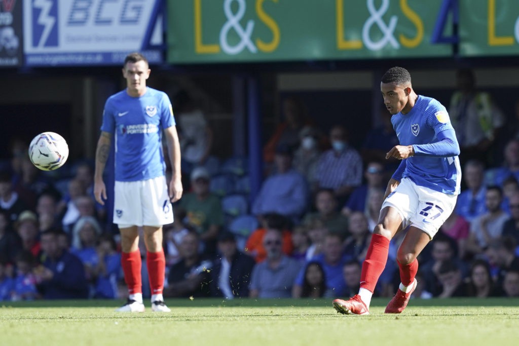Miguel Azeez passes during the EFL Sky Bet League 1 match between Portsmouth and Cambridge United at Fratton Park, Portsmouth, England on 18 September 2021. Copyright: Jason Brown