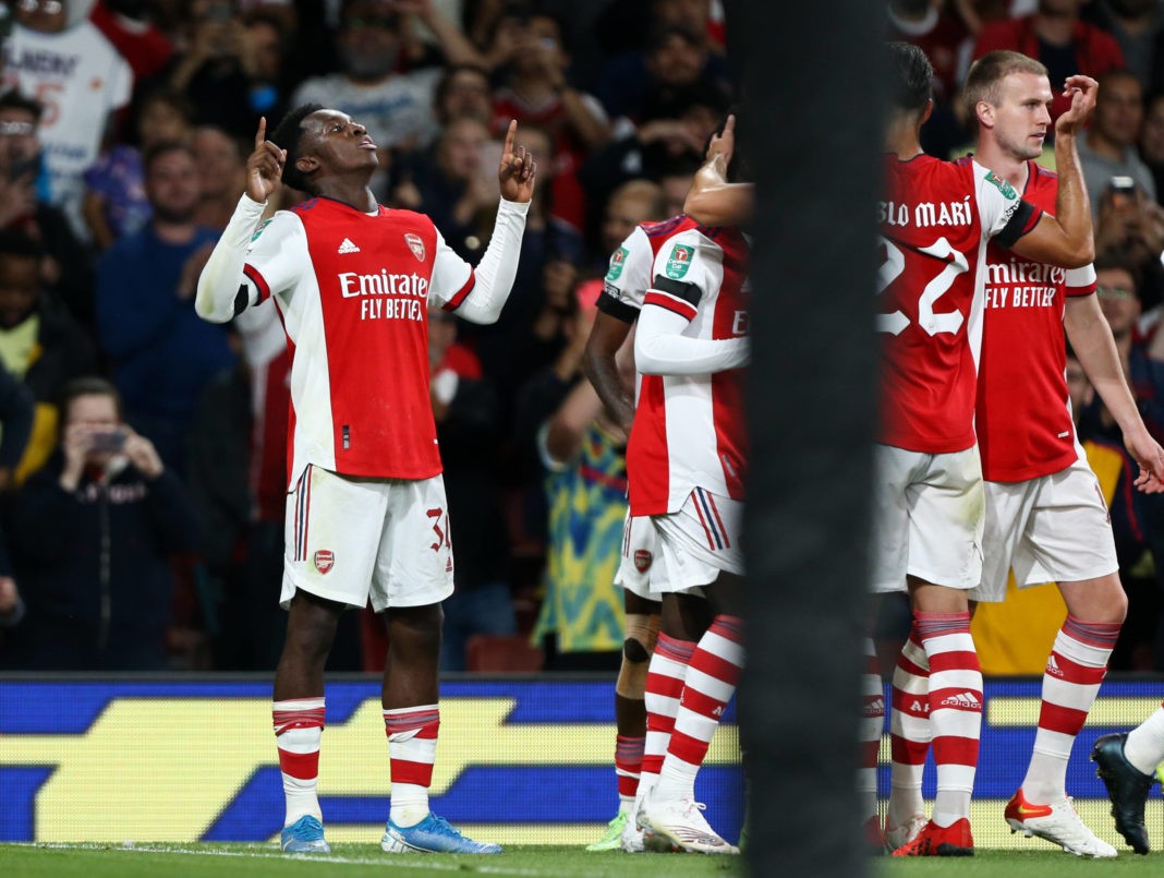 Carabao Cup - Arsenal v AFC Wimbledon - Eddie Nketiah of Arsenal celebrates his goal to make it 3-0, London Emirates Stadium. Copyright: ArronGent / News Images