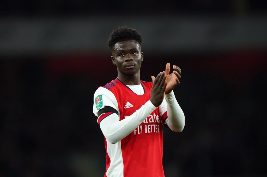 Arsenal v AFC Wimbledon - Arsenal's Bukayo Saka applauds the fans after the Carabao Cup third-round match at the Emirates Stadium, London. Picture date: Wednesday, September 22, 2021. Copyright: Tim Goode
