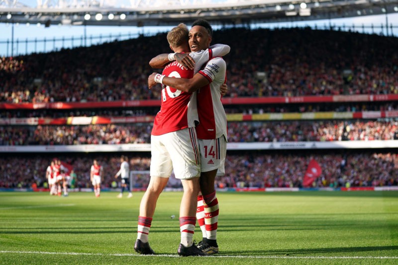 Arsenal v Tottenham Hotspur - Premier League - Emirates Stadium Arsenals Pierre-Emerick Aubameyang celebrates scoring their side s second goal of the game with team-mate Emile Smith Rowe left during the Premier League match at the Emirates Stadium, London. Picture date: Sunday September 26, 2021.