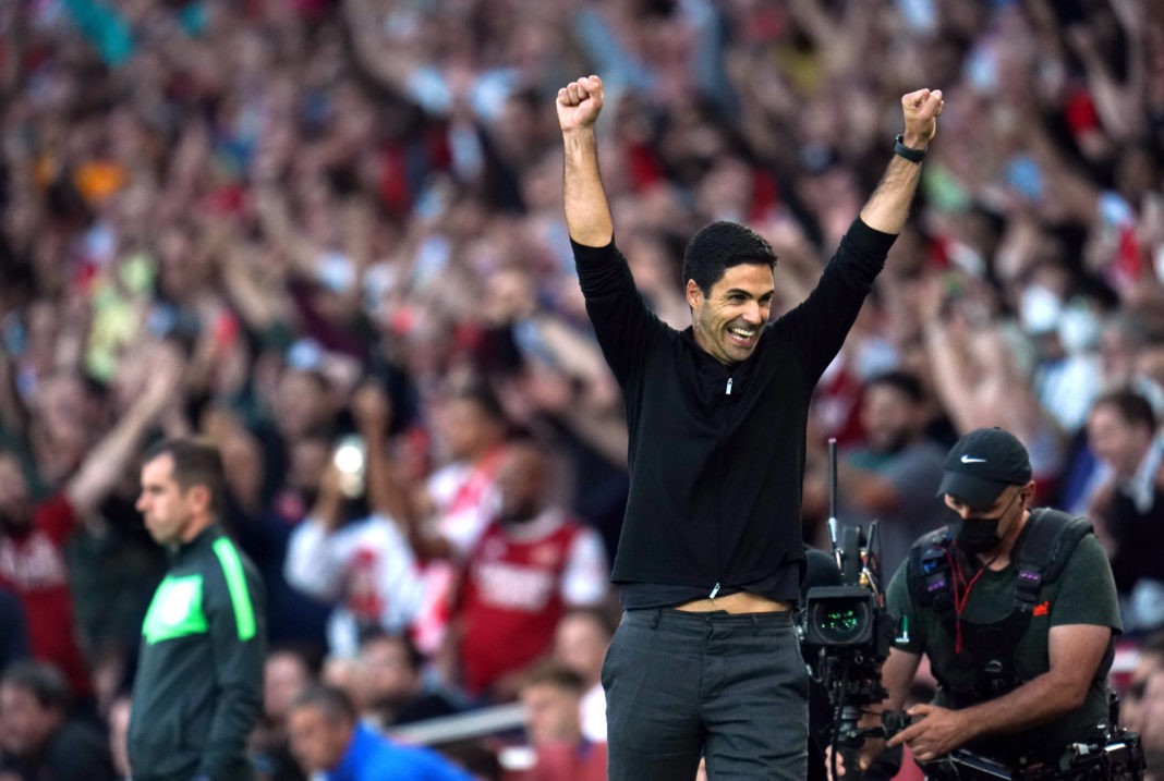 Arsenal manager Mikel Arteta celebrates after the Premier League win over Tottenham Hotspur at the Emirates Stadium, London. Picture date: Sunday, September 26, 2021. Copyright: Nick Potts