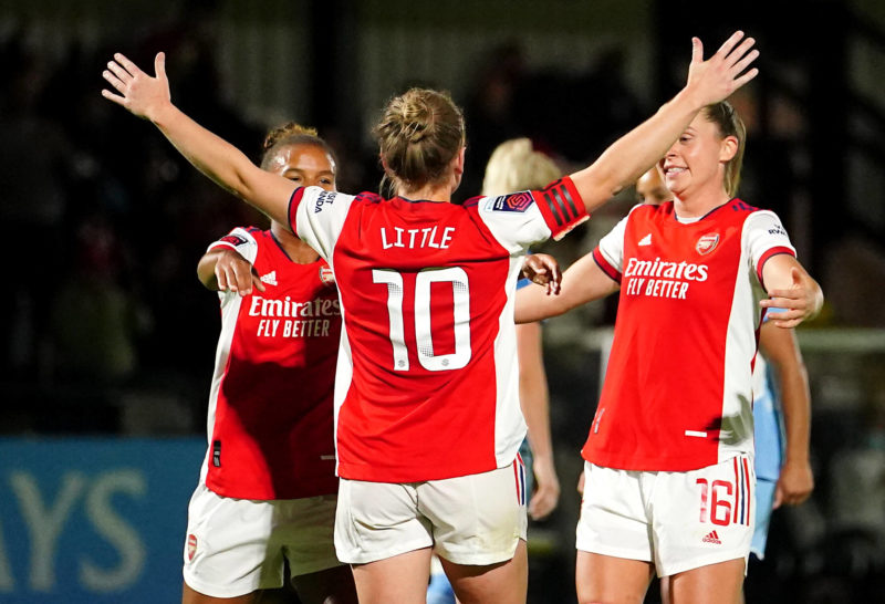 Arsenal v Manchester City - FA Women s Super League - Meadow Park Arsenal s Kim Little celebrates scoring their side s fourth goal of the game from the penalty spot with team-mates during the FA Women s Super League match at Meadow Park, Borehamwood. Copyright: Dominic Lipinksi