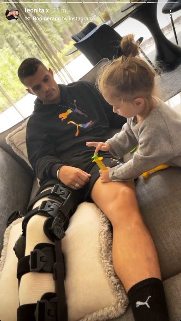 Granit Xhaka wearing protective leg gear after his injury (Photo via Leonita Xhaka on Instagram)