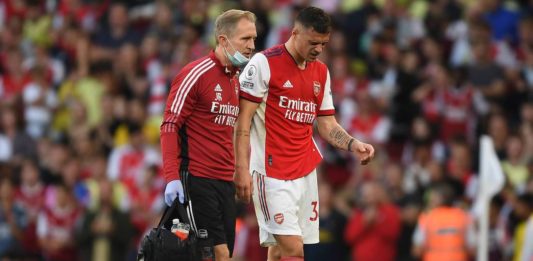 Granit Xhaka after suffering an injury (Photo via Arsenal.com)