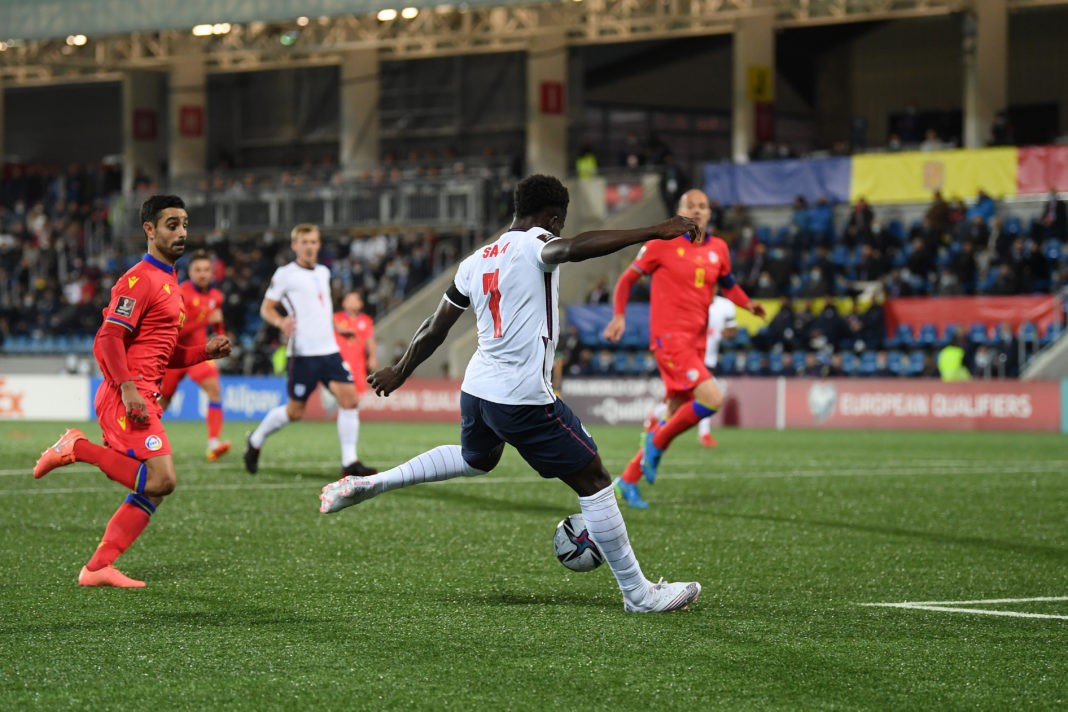 ANDORRA LA VELLA, ANDORRA: Bukayo Saka of England scores the second goal during the 2022 FIFA World Cup Qualifier match between Andorra and England at Estadi Nacional on October 09, 2021. (Photo by Michael Regan/Getty Images)